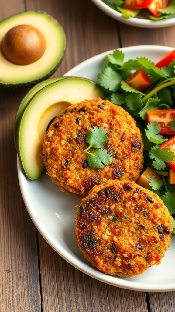 Crispy quinoa and black bean patties on a plate with avocado and salad.